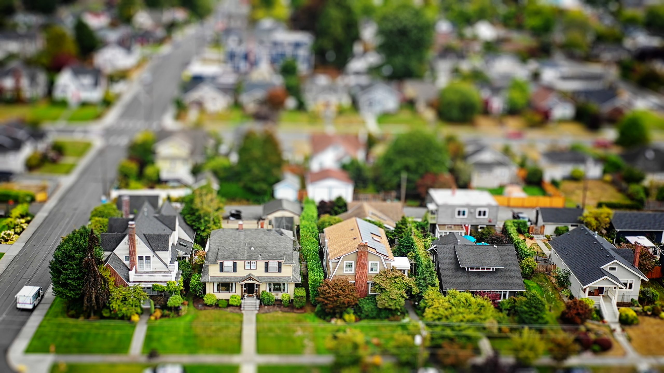Aerial photo of an American suburban neighborhood with a tilt-shift effect